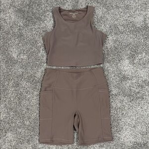 Harmony Balance Taupe Cropped Tank & High-Rise Pocket Biker Shorts Set